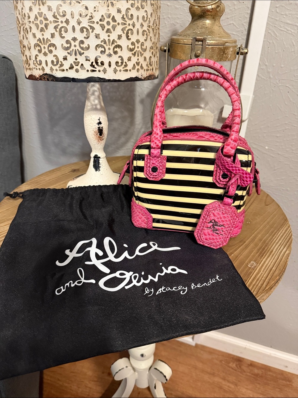 Alice + Olivia Black & Hot Pink Striped Mini Satchel